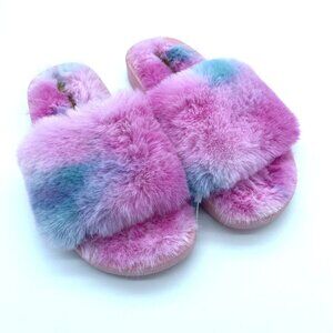 Madden Girl Shoes Womens 10 Slides Sandal Fluffy Fuzzy Pink Tie Dye Fluffy New